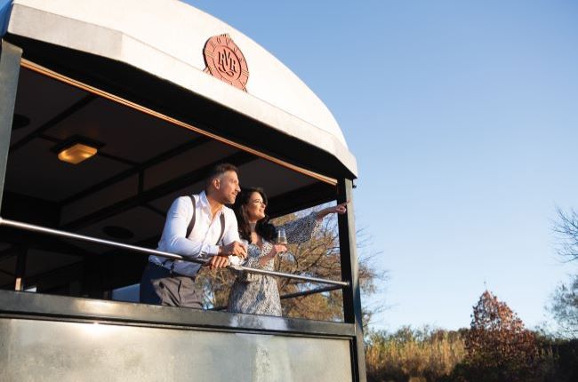 Couple looking out from the Observation Car onboard the Rovos Rail Train