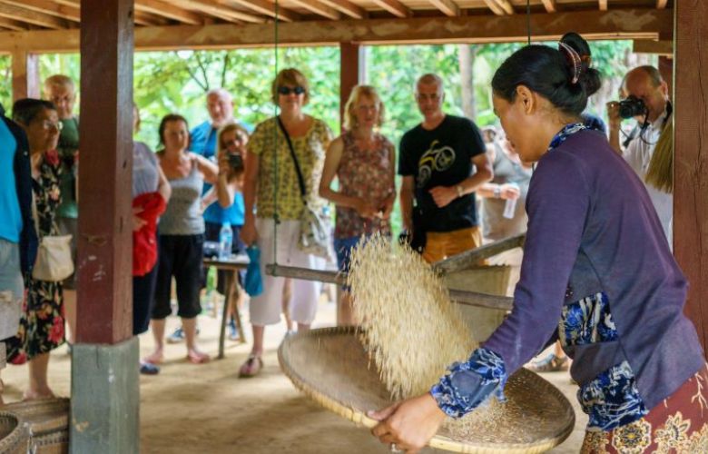 Cambodian lady showing tourists how rice is milled by hand