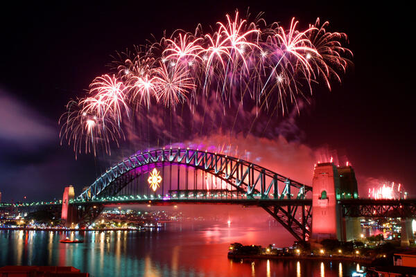 Sydney harbour bridge with new years eve fireworks