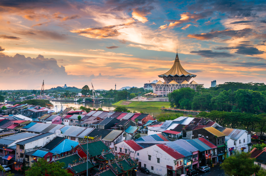 Panorama view of Kuching city skyline on a beautiful sunset evening, Sarawak